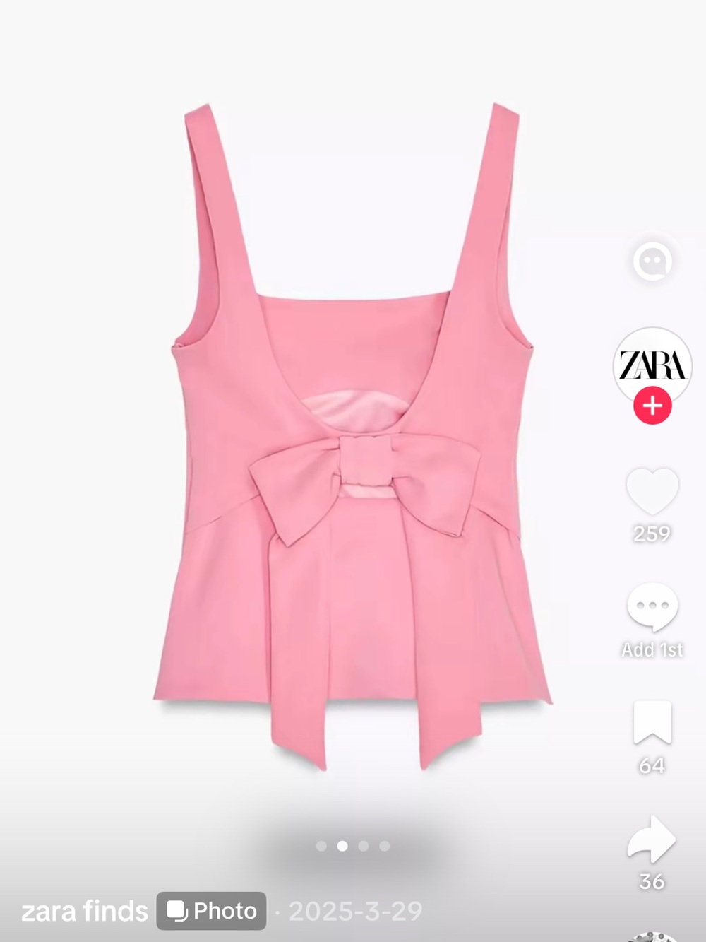 Zara Pink Bow Detail Square-Neck Tank Top